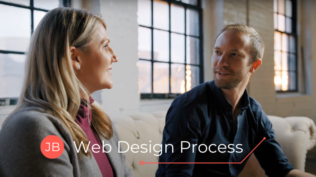 Professionals discussing web design process in office setting.